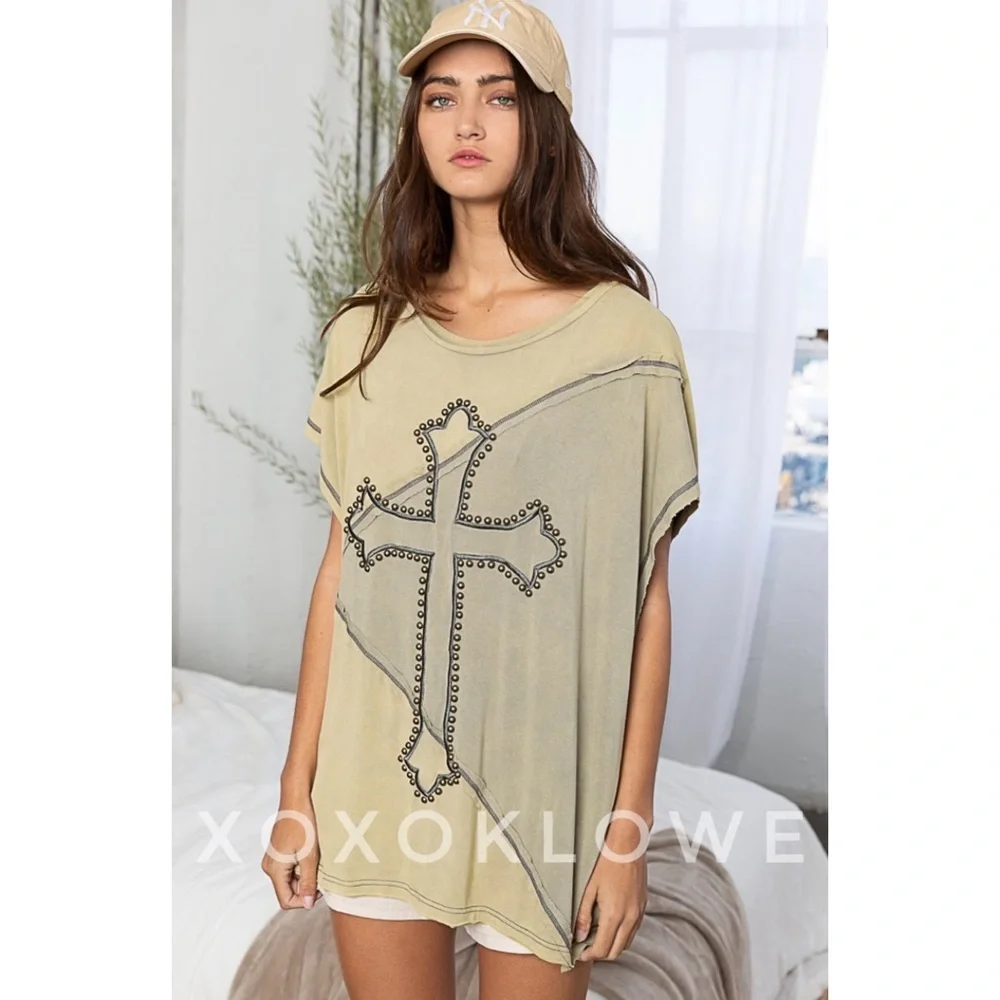 POL Olive Two Tone Studded & Embroidered Cross Top - Picture 4 of 14